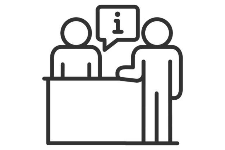 stick figure asking another stick figure behind desk a question
