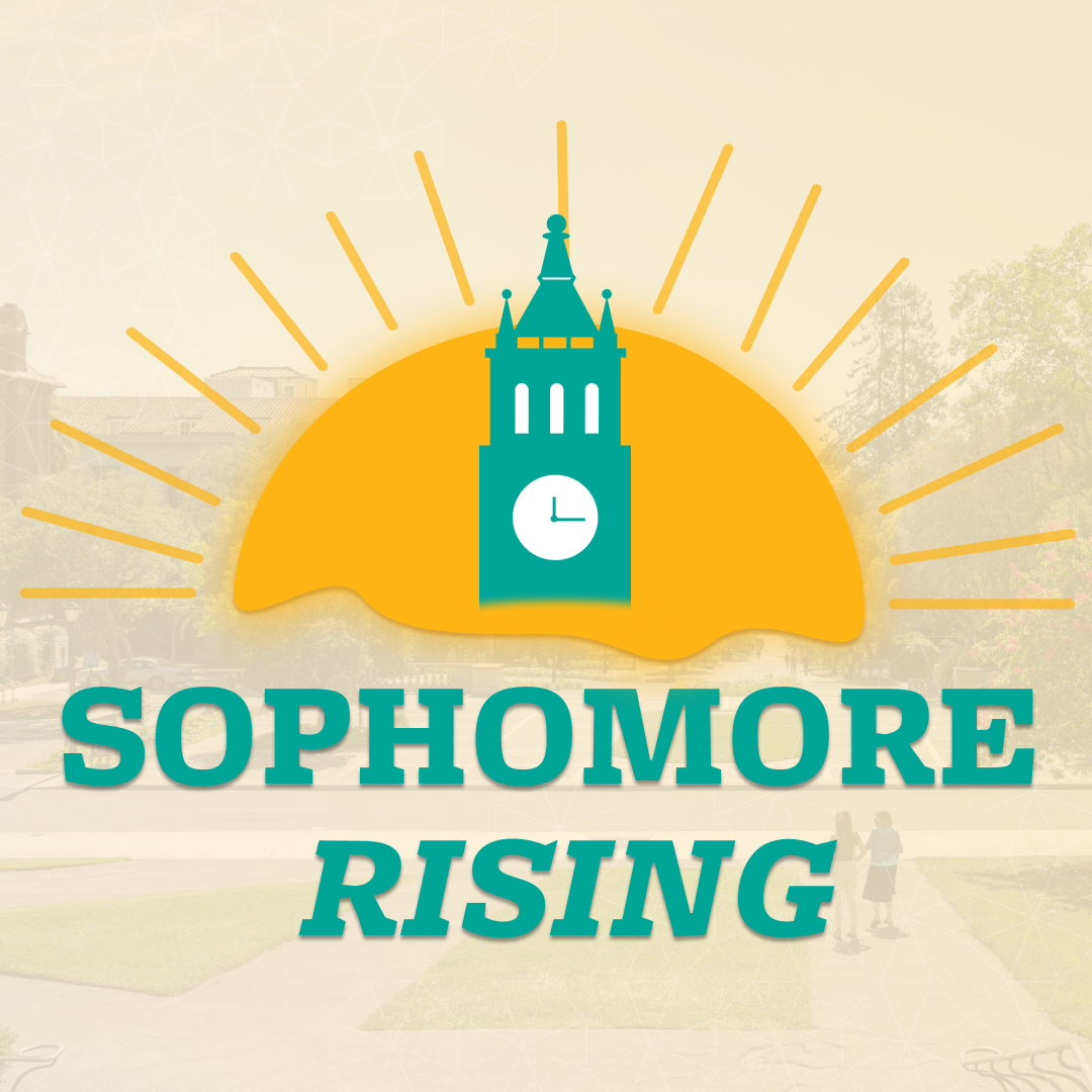 Illustration of the Campanile with a rising sun and the words Sophomore Rising