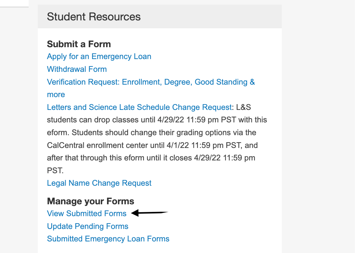 Screenshot of CalCentral Student Resources section with an arrow pointing to "View Submitted Forms"