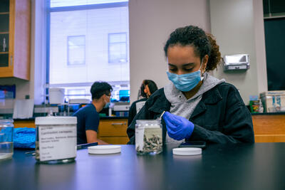 Student with face mask at lab table, handling lab equipment behind a specimen jar