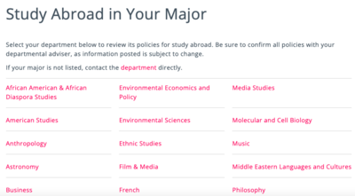 Screenshot of Study Abroad in Your Major page on Study Abroad website